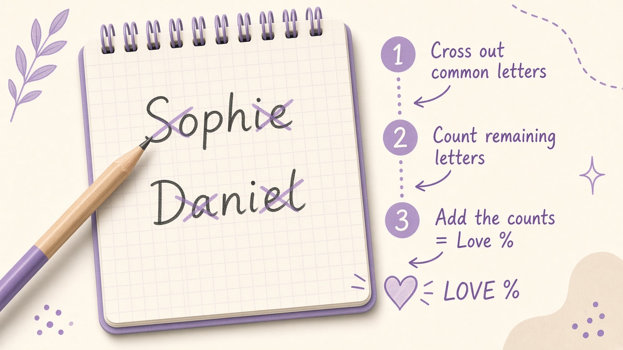 Notebook page showing two names with crossed-out matching letters and a small love percentage doodle
