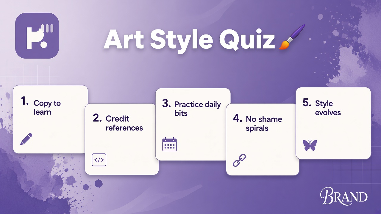 Art style tips: study loops; explore without shame; credit references; quiz not talent verdict