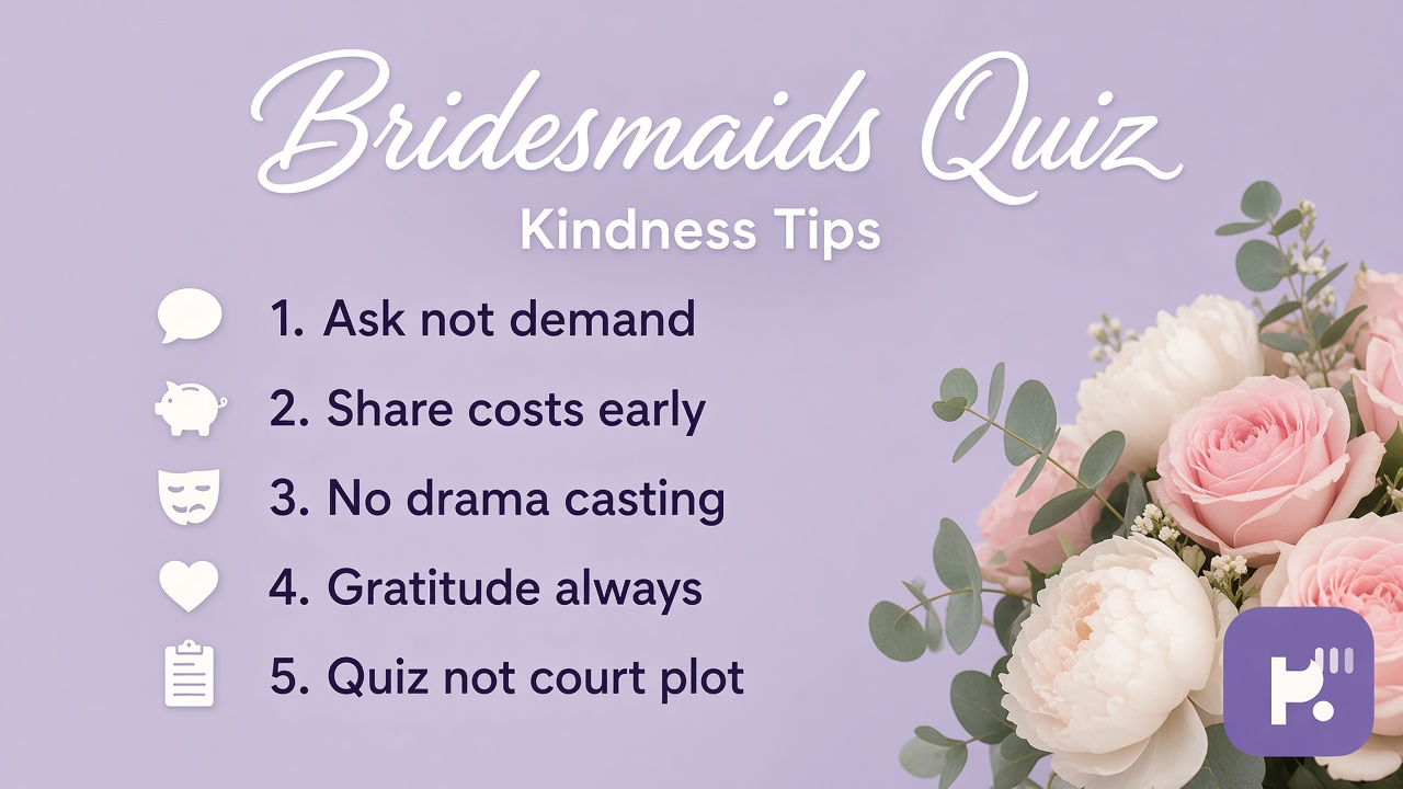 Bridesmaid tips: kind selection; honest costs; refuse drama; quiz not court plot; skip friend ranking polls