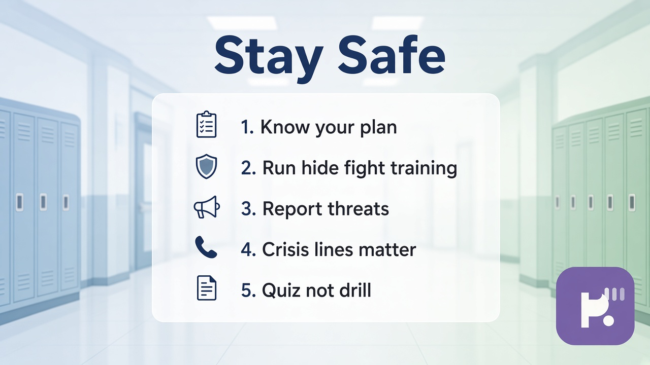 School safety tips: run hide fight basics; calm drills; tell trusted adults; call 911; quiz not tactical cert