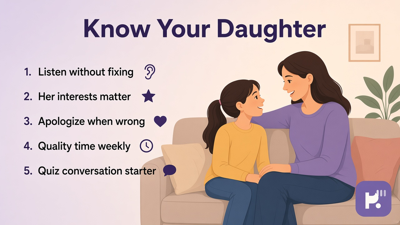 Know your daughter tips: listen; update as she grows; curious not spying; unofficial not parenting grade