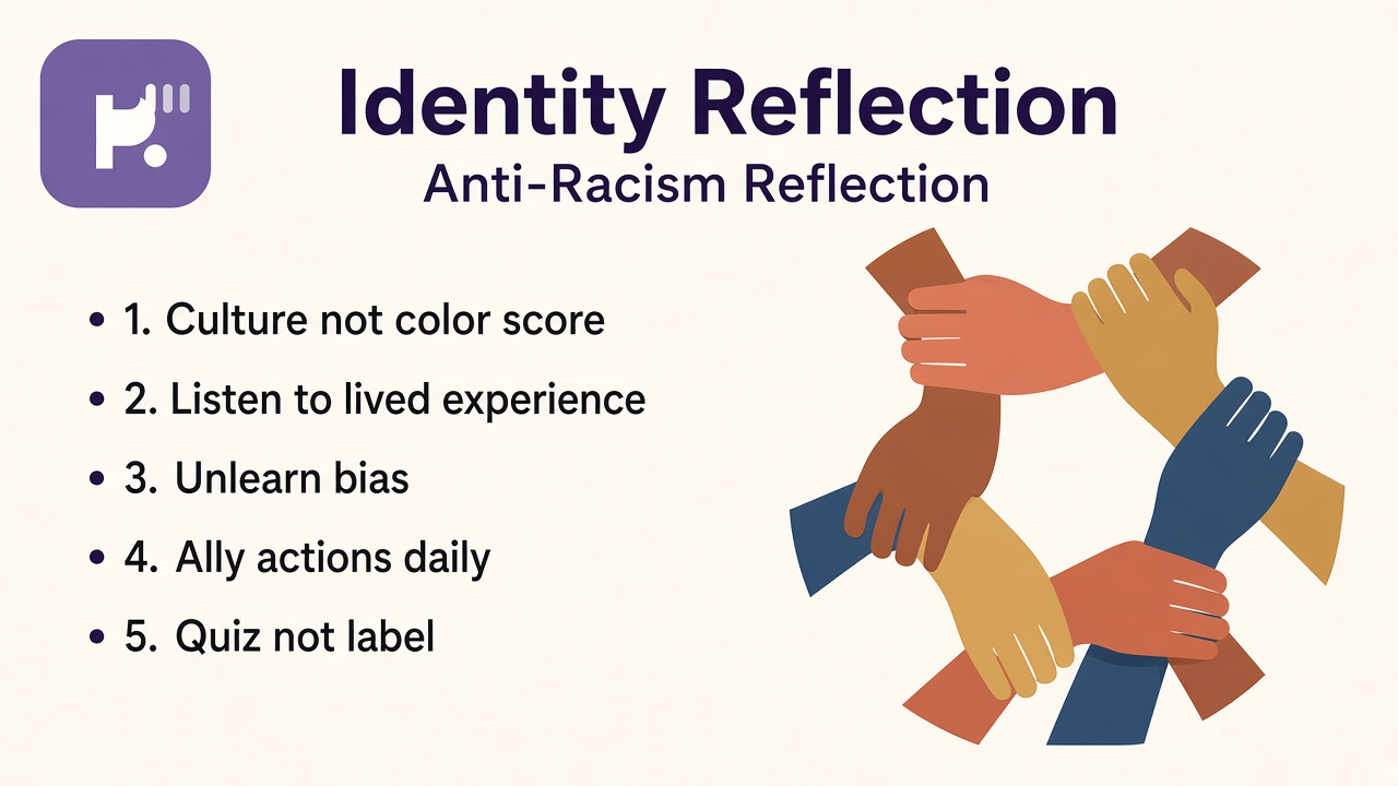 Anti-racism trivia tips: curious culture learning; reject supremacy; fiction not stereotypes; quiz not racial credential