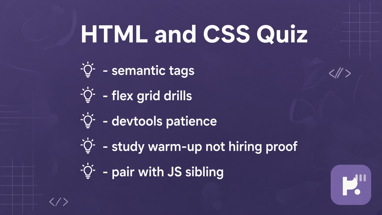 HTML CSS quiz tips: semantic tags, flex grid drills, devtools patience, study warm-up not hiring proof