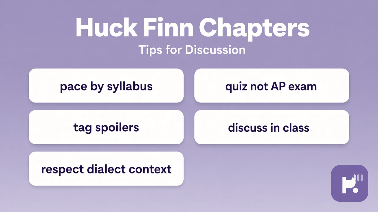 Huck Finn chapter tips: pace by syllabus chunk; tag spoilers; respect dialect context; quiz not AP exam