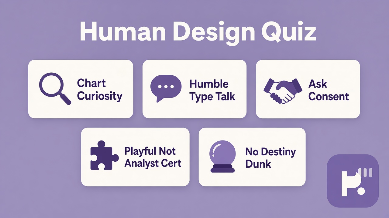 Human Design quiz tips: chart curiosity; humble type talk; ask consent; playful literacy not official analyst cert