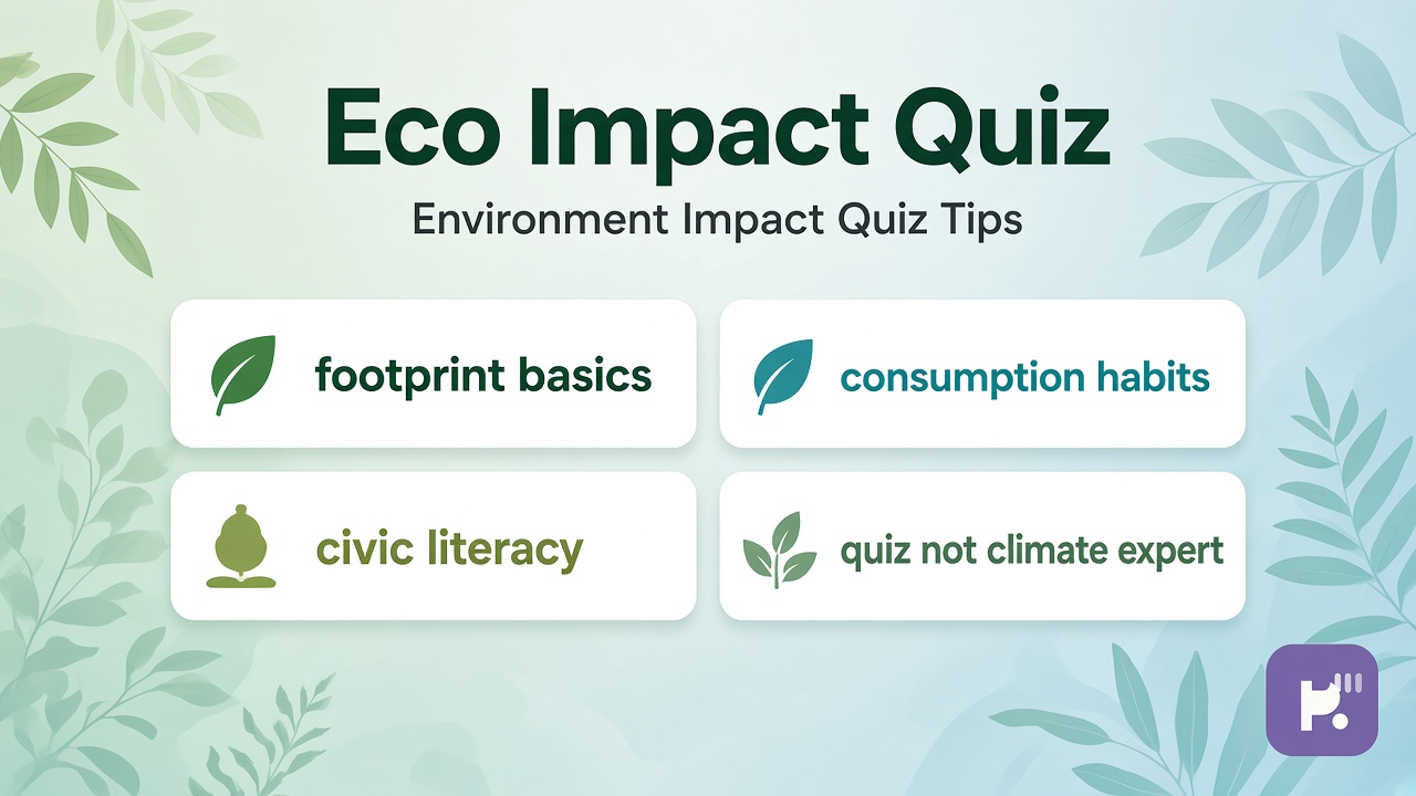 Eco impact tips: footprint basics; consumption habits; civic literacy; quiz not climate expert or neighbor dunk
