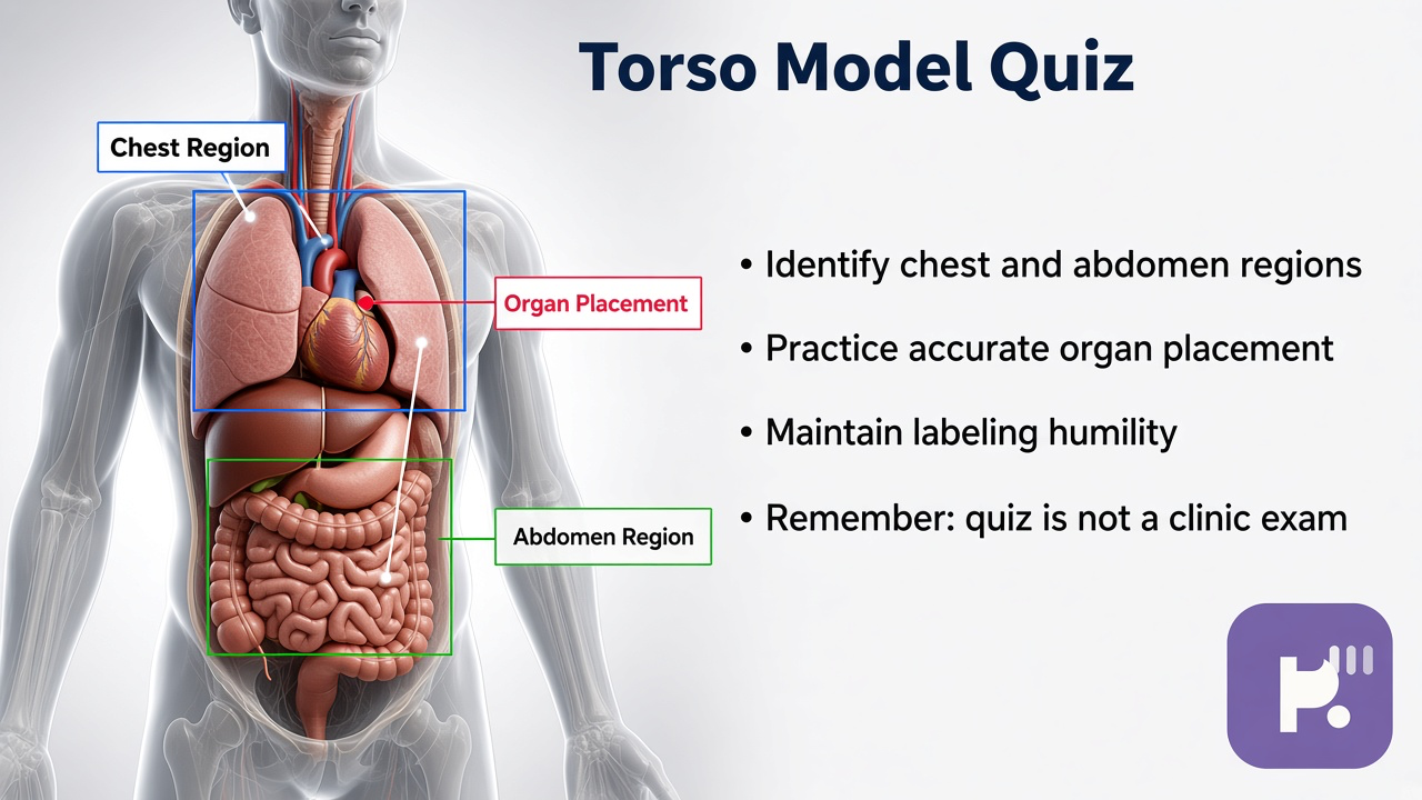 Torso model tips: chest abdomen regions; organ placement; labeling humility; quiz not clinic exam or lab dunk