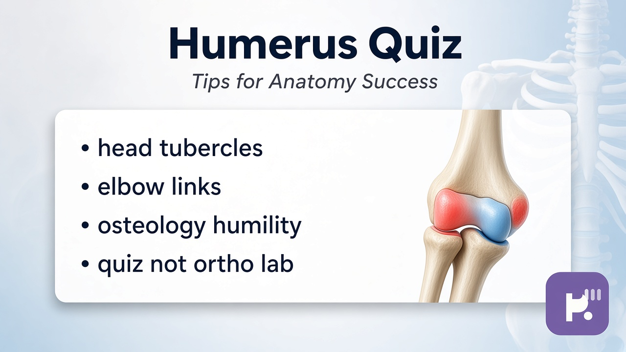 Humerus labeling tips: head tubercles; elbow links; osteology humility; quiz not ortho lab or radiology dunk