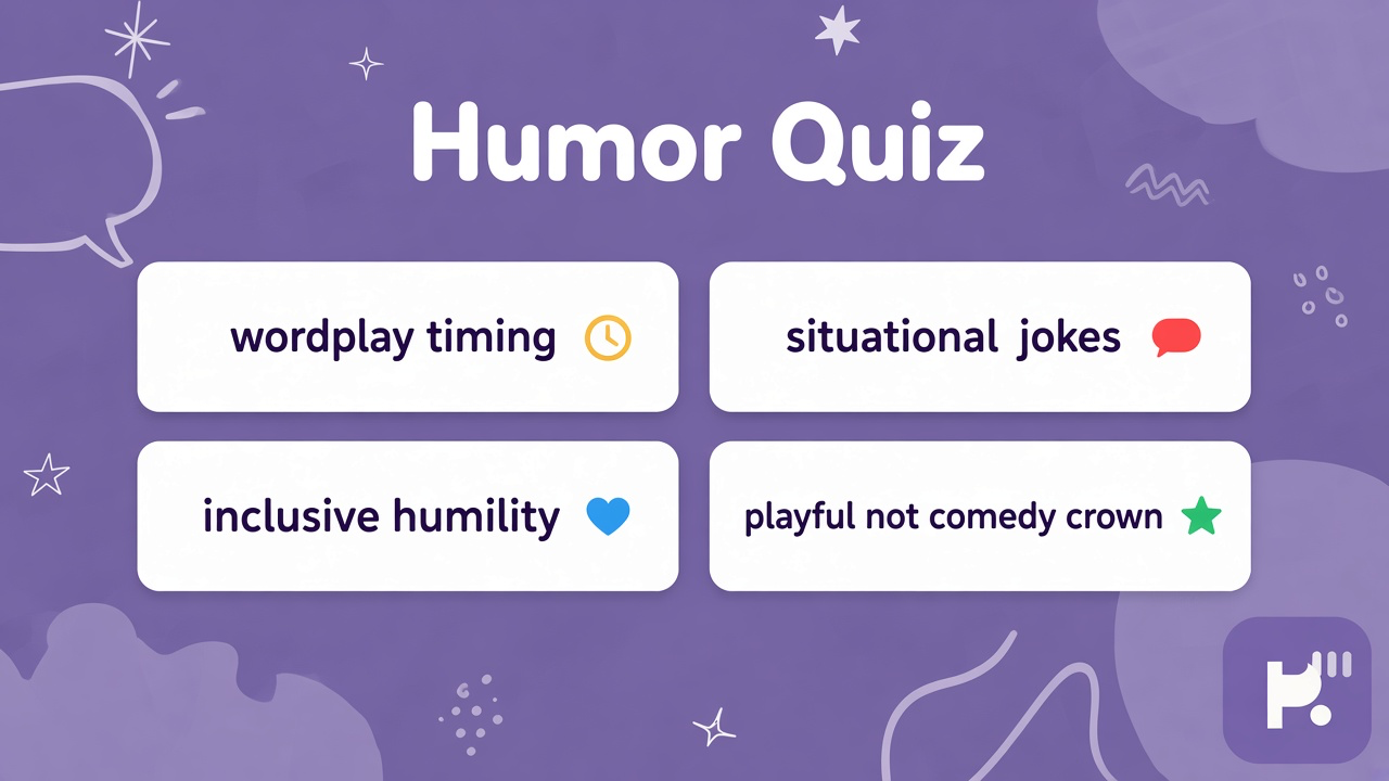 Humor quiz tips: wordplay timing; situational jokes; inclusive humility; playful quiz not comedy crown dunk