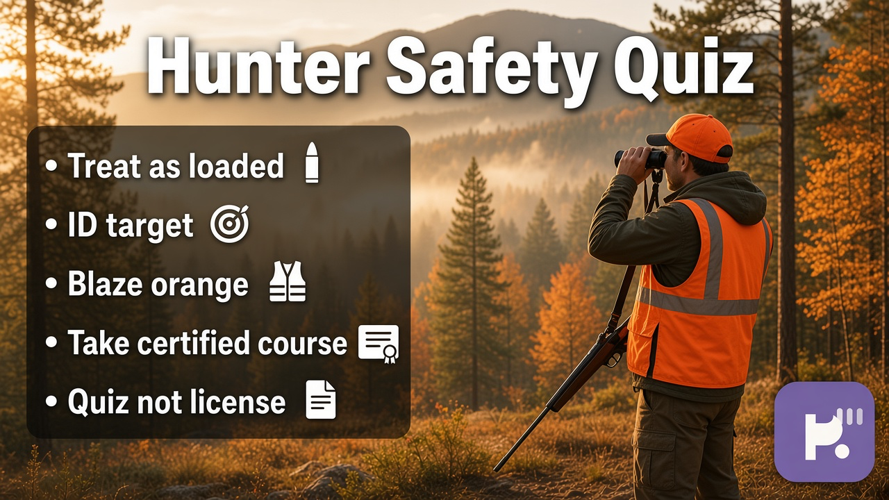Hunter safety tips: treat as loaded; ID target; blaze orange; take certified course; quiz not license
