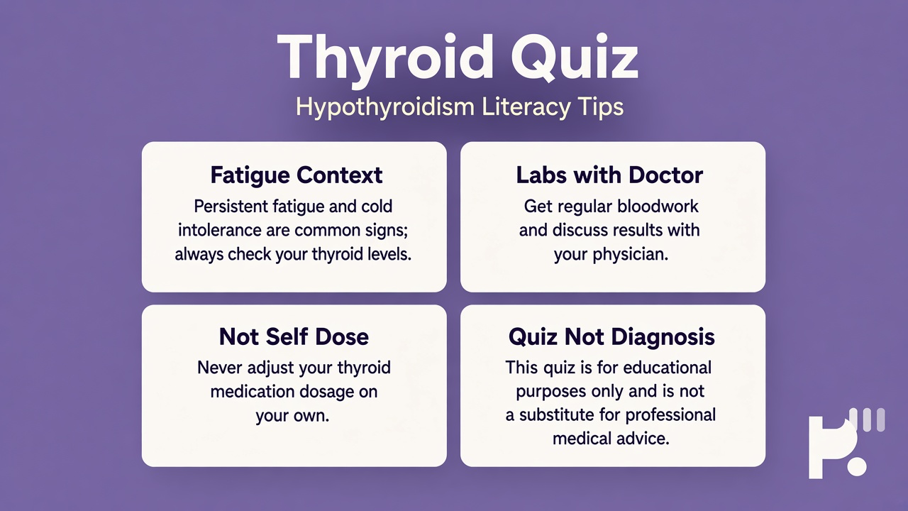 Thyroid literacy tips: track symptoms; labs with clinician; no DIY dosing; quiz not hypothyroid dx