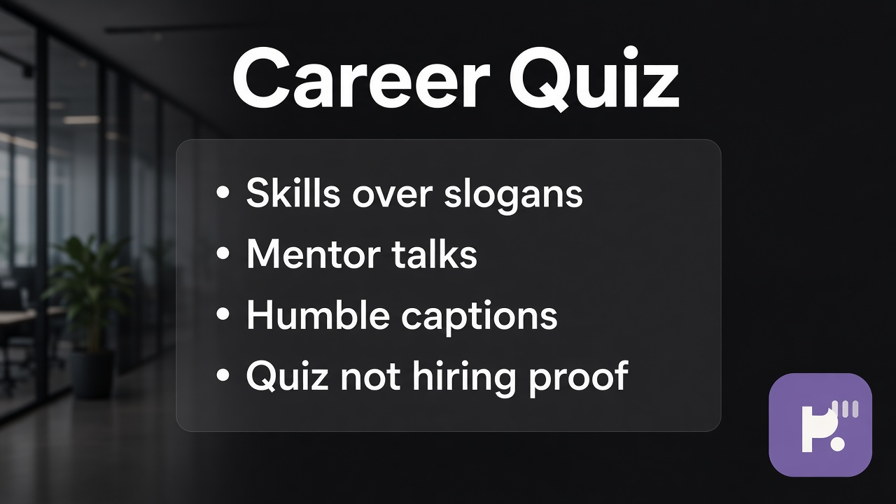Business meme literacy: main character joy; hustle humility; kind peers; quiz not career verdict or hiring proof