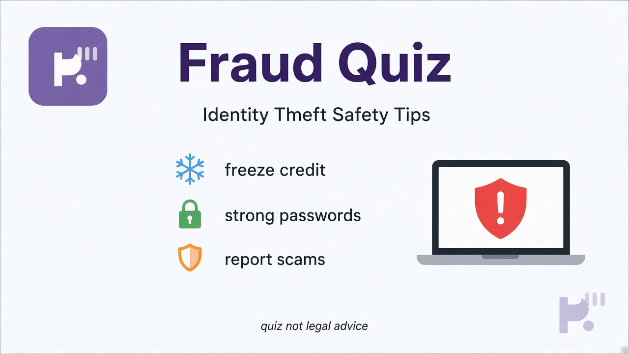 Identity theft literacy tips: spot phishing; secure accounts; report calmly; quiz not legal advice or FTC replacement