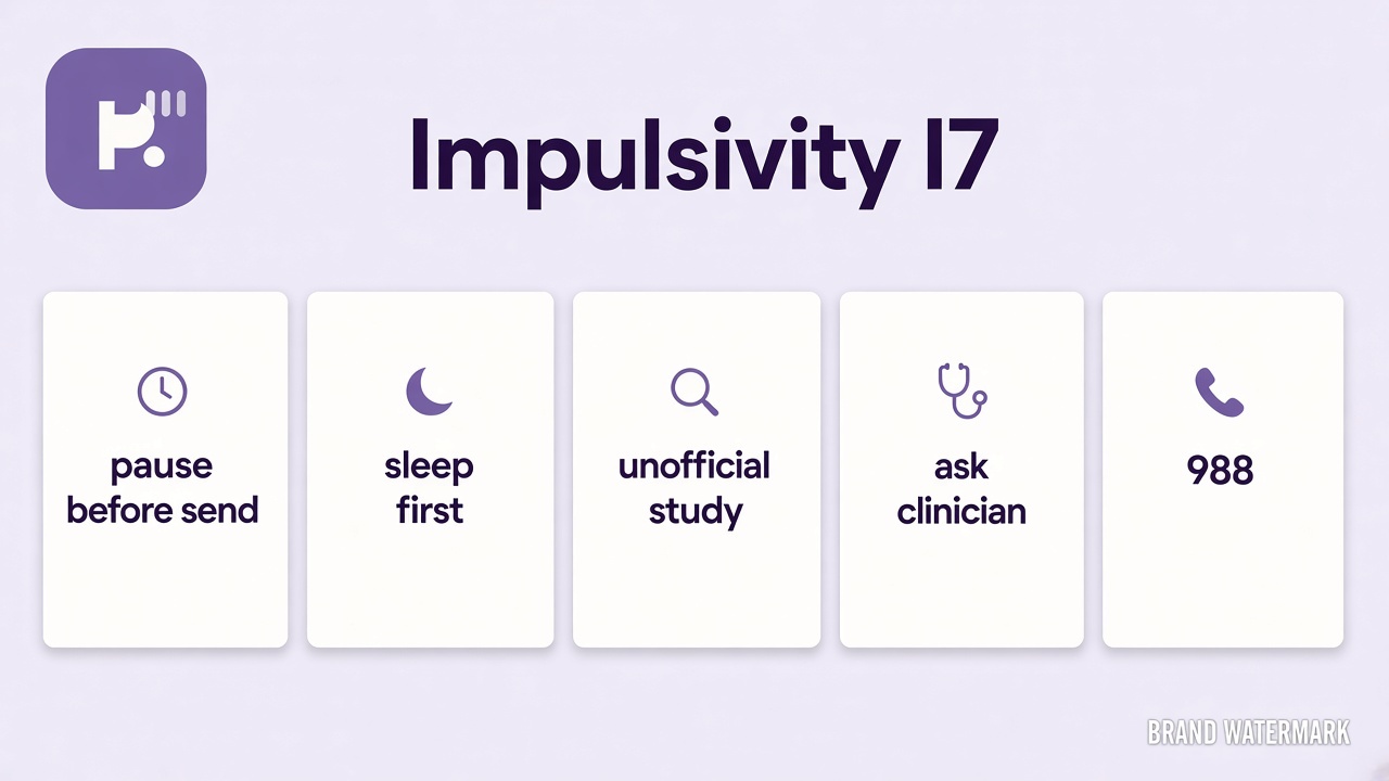 I7 impulse tips: notice urgency; pause before acting; harm limits; unofficial quiz not clinical I7 mailers