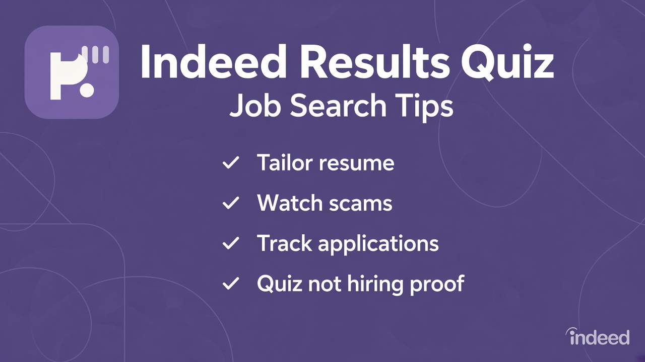 Indeed literacy tips: alerts and filters; honest applications; spot scams; quiz not hiring proof or candidate dunk polls