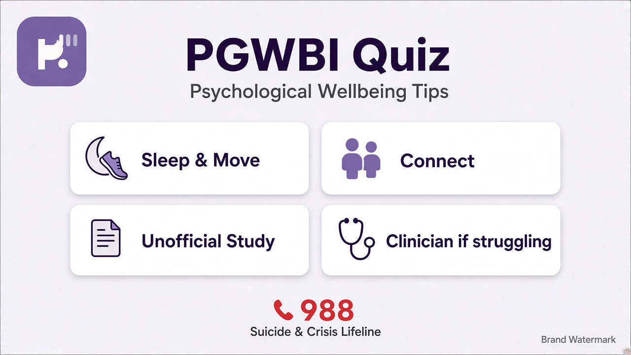 PGWBI literacy tips: vitality mood; anxiety depression humility; self-control health; quiz not published PGWBI dx