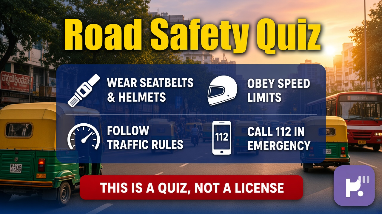 Indian road safety tips: helmet seatbelt; signals speed; sober focus; quiz not RTO license or traffic cop cosplay