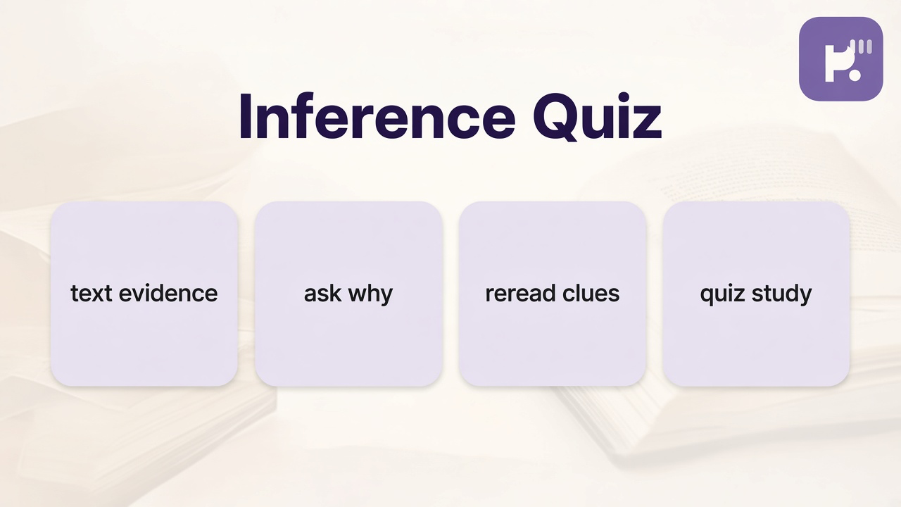 Inference reading tips: cite text evidence; separate guess from fact; author context; quiz not state test or IQ dunk