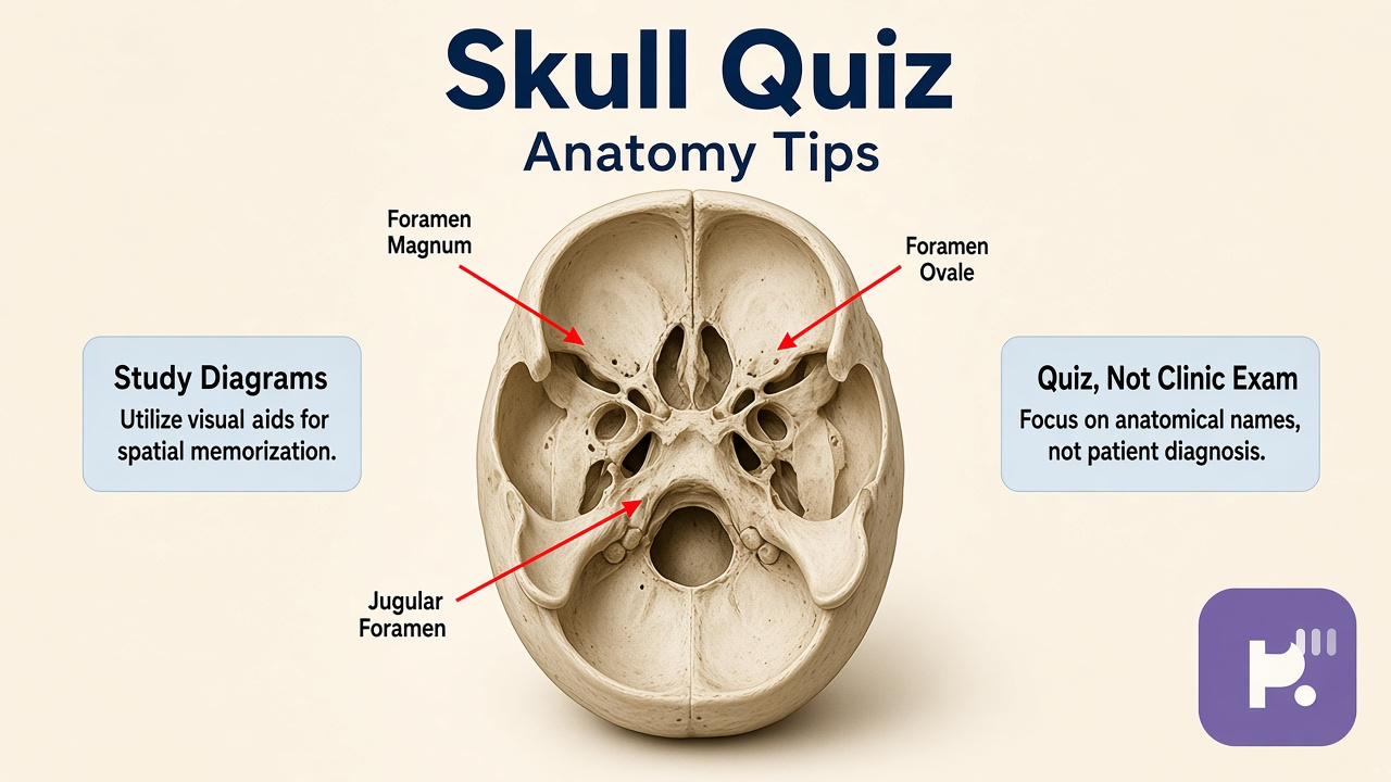 Inferior skull tips: foramen magnum; occipital condyles; cranial base labels; quiz not CT read or fracture diagnosis