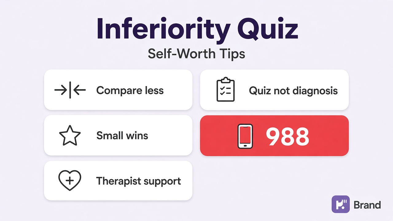 Inferiority complex tips: pause comparisons; self-worth beyond scores; repair habits; quiz not diagnosis or dunk polls