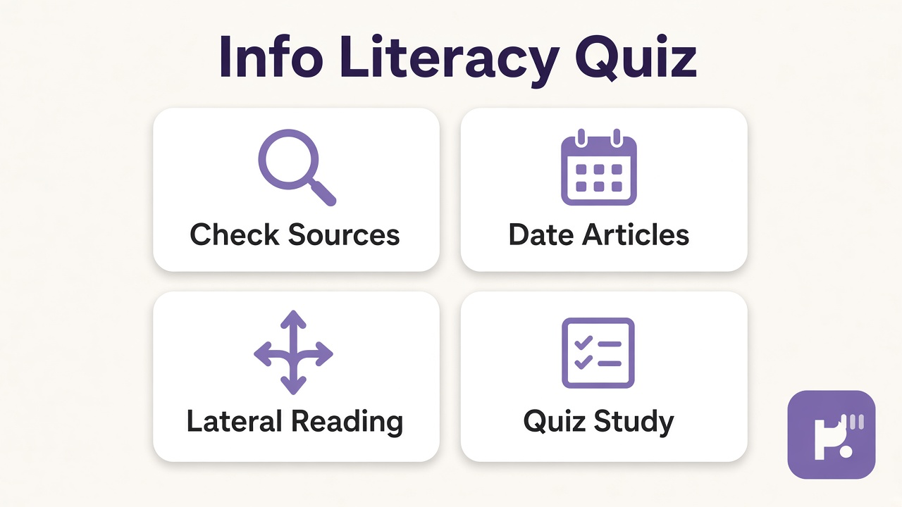 Information literacy tips: evaluate sources; use databases; spot misinformation; quiz not librarian degree