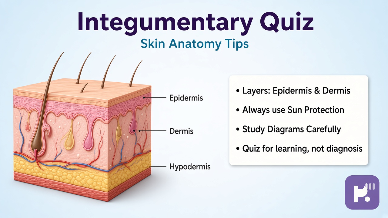 Integumentary quiz tips: skin hair nail recall, barrier basics, diagram habits, study warm-up not diagnosis