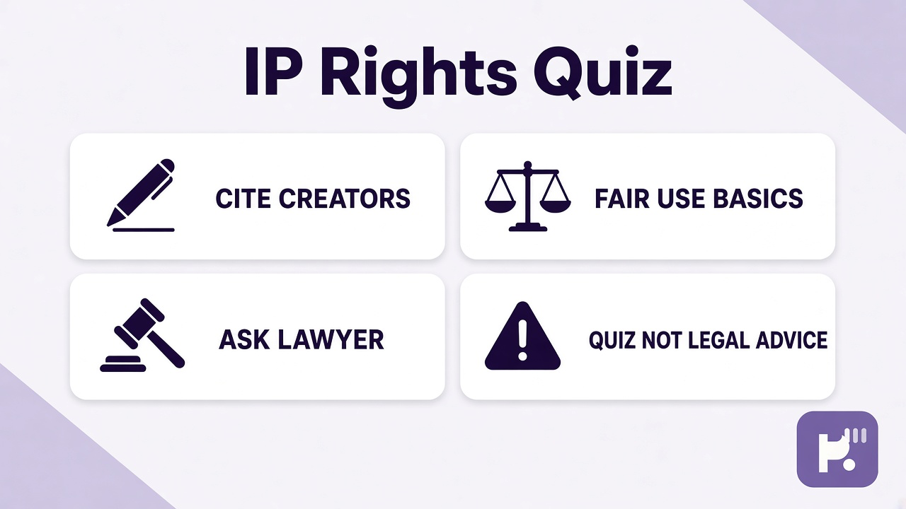 IP rights tips: copyright trademark patent basics; fair use humility; respect creators; quiz not legal advice