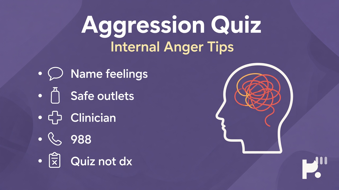 Internal aggression tips: name inward heat; soften self-attack; repair habits; quiz not diagnosis or harm license