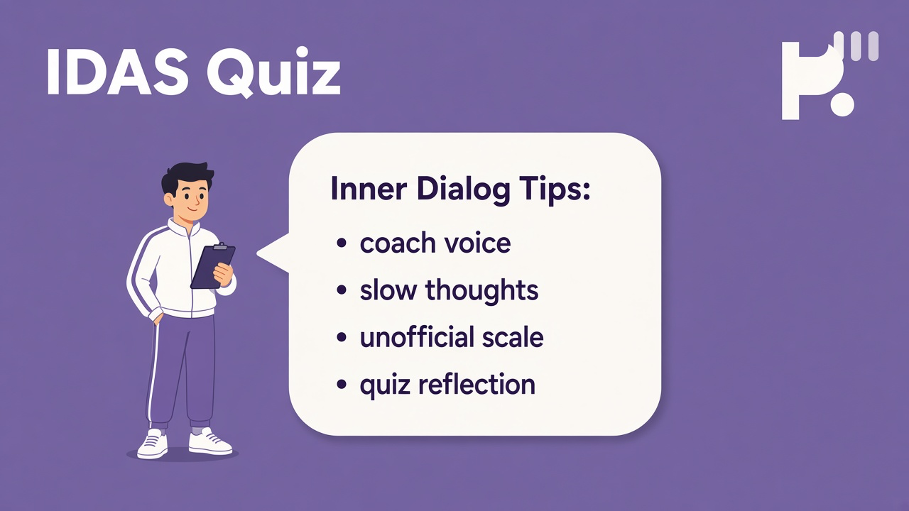 IDAS tips: notice inner voice; coach not critic; pace dialog; unofficial quiz not published scale or diagnosis