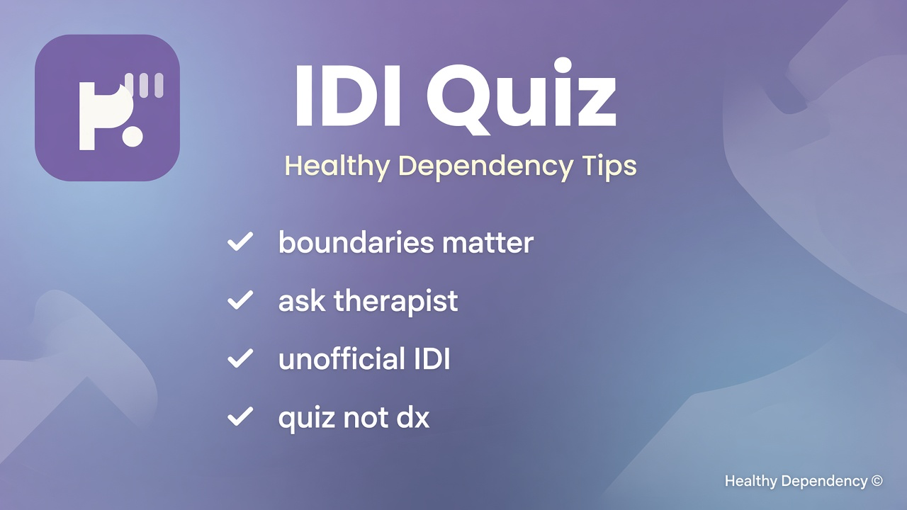 IDI relationship tips: reassurance habits; fear of alone; balanced support; unofficial quiz not diagnosis or partner dunk