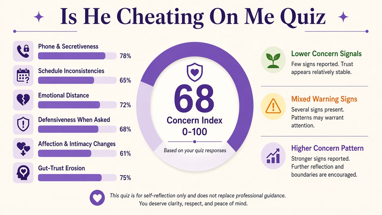 Is he cheating on me quiz diagram with six partner behavior concern domain bars and concern index gauge for The Quiz Hub