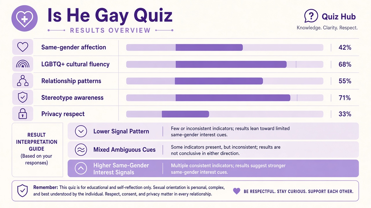Is he gay quiz diagram with five observed signal domain bars and three reflective result bands for The Quiz Hub