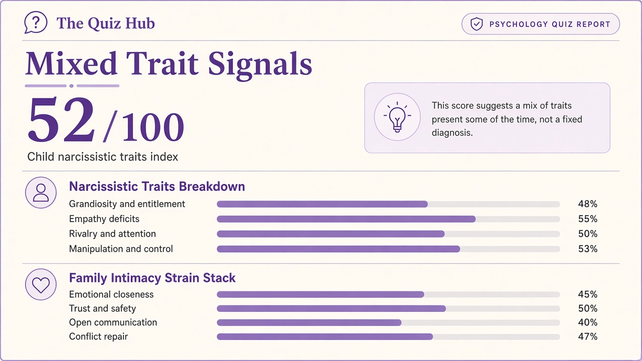 Is my child a narcissist quiz report with Mixed band, traits index 52, and four domain bars on The Quiz Hub