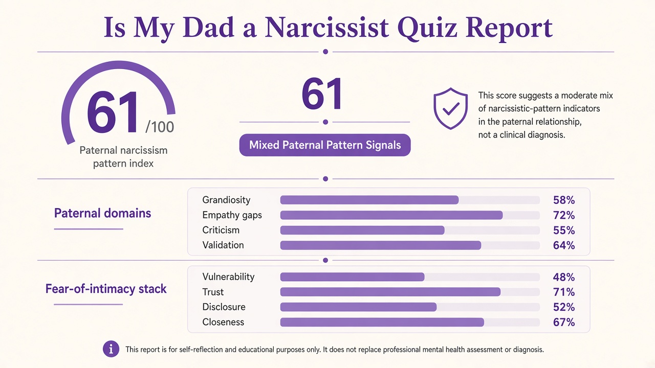 Is my dad a narcissist quiz report with Mixed band, paternal index 61, domain bars, and intimacy stack on The Quiz Hub