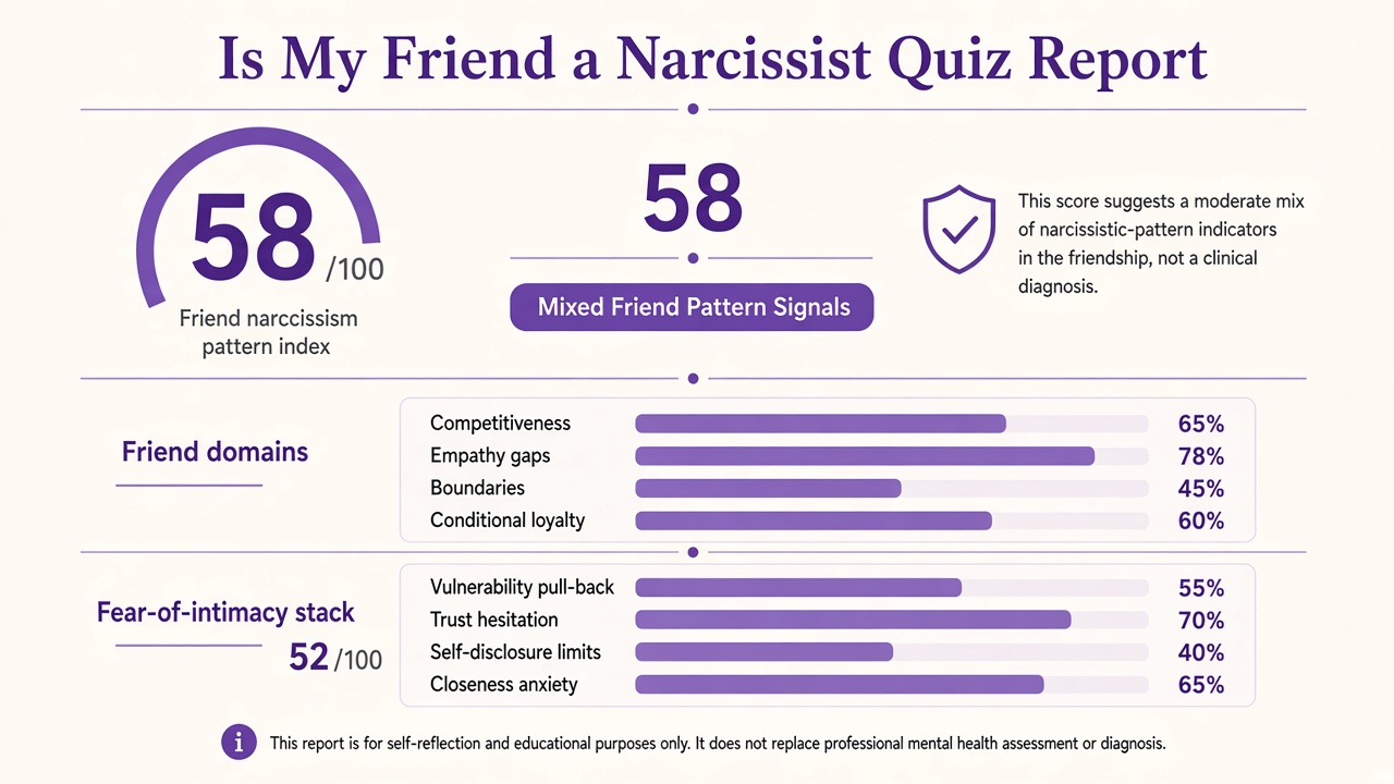 Is my friend a narcissist quiz report with Mixed band, friend index 58, domain bars, and intimacy stack on The Quiz Hub