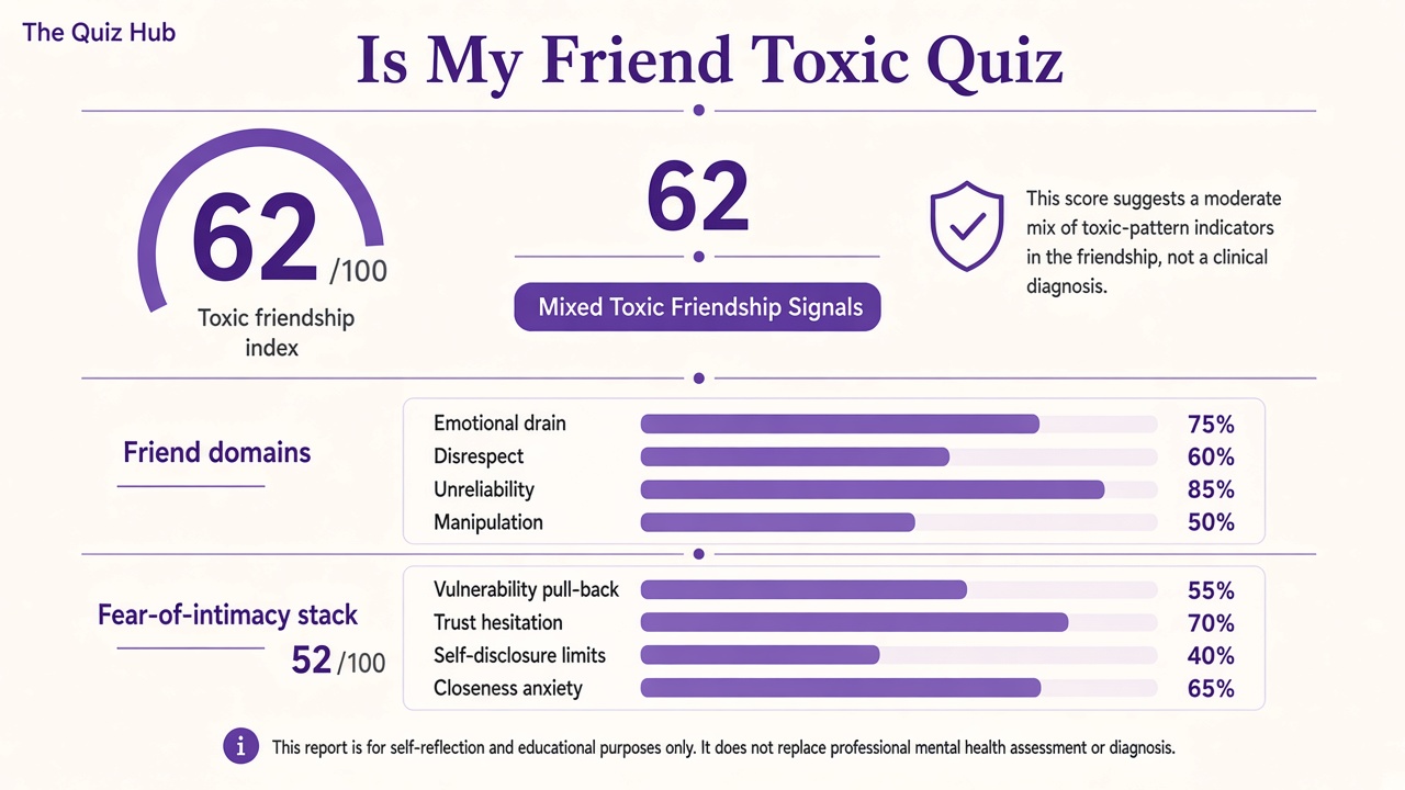 Is my friend toxic quiz report with Mixed band, toxic friendship index 62, domain bars, and intimacy stack on The Quiz Hub