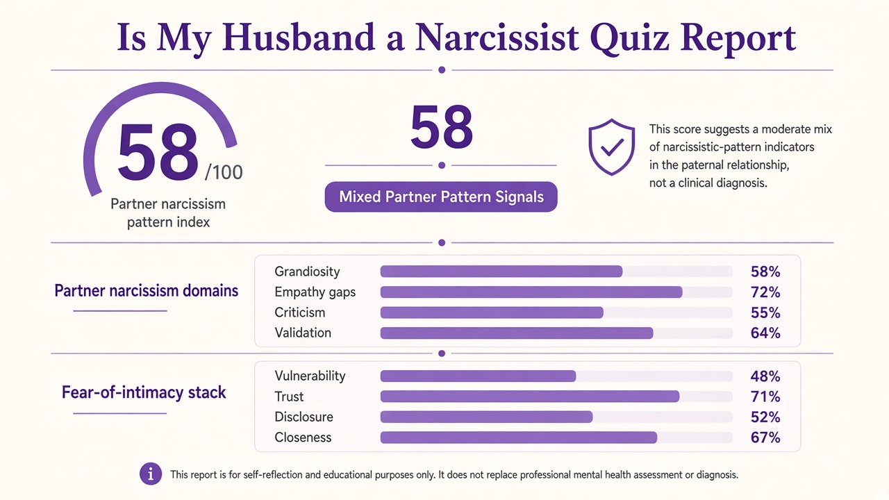 Is my husband a narcissist quiz report with Mixed band, partner index 58, domain bars, and intimacy stack on The Quiz Hub