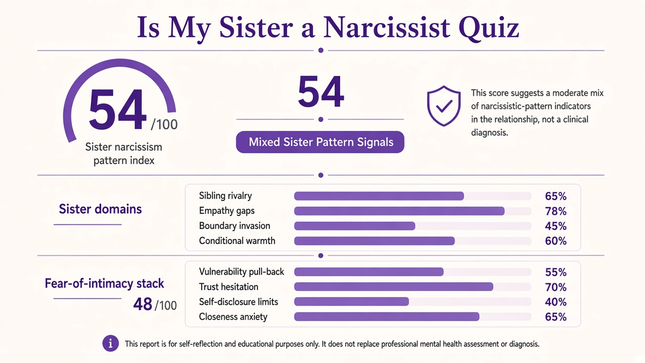 Is my sister a narcissist quiz report with Mixed band, sister index 54, domain bars, and intimacy stack on The Quiz Hub
