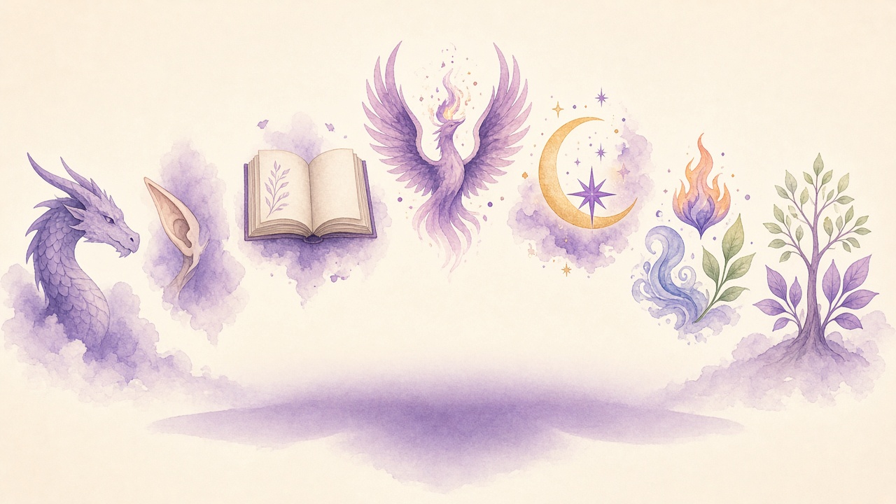 Otherkin kin identity illustration with eight non-human entity motifs in purple tones