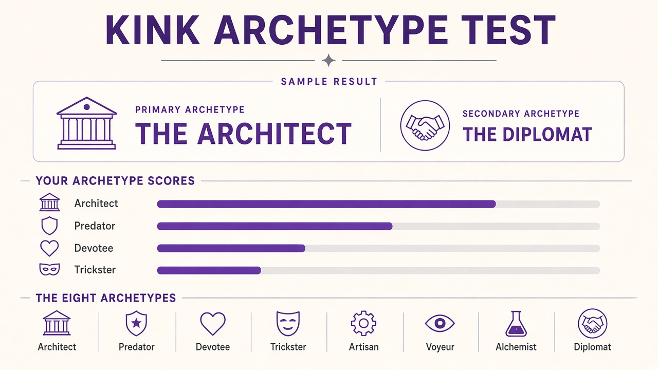 Kink archetype test report with The Architect primary match, The Diplomat secondary, and top-four archetype bars