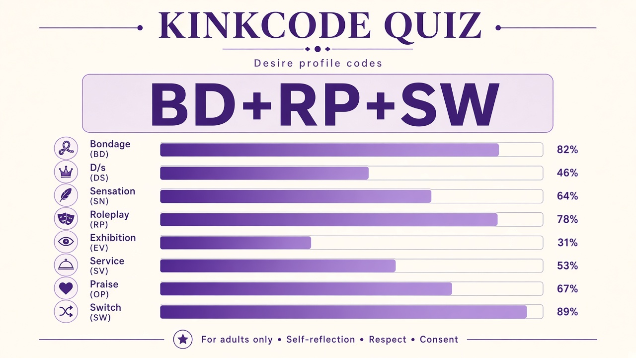 Kinkcode quiz report with BD+RP+SW desire profile codes and eight dimension bars