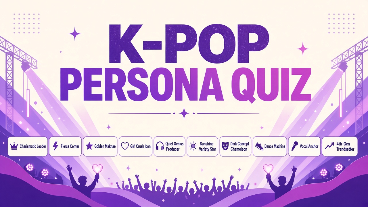 K-pop persona quiz hero with cream and purple stage lights and ten idol archetype labels, no real idol likenesses
