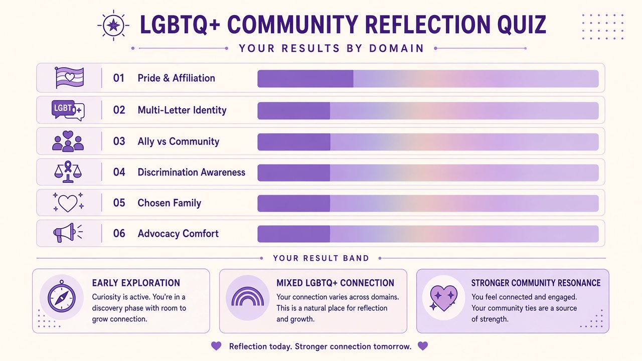 LGBTQ+ test diagram with six domain bars and three reflection bands for The Quiz Hub results