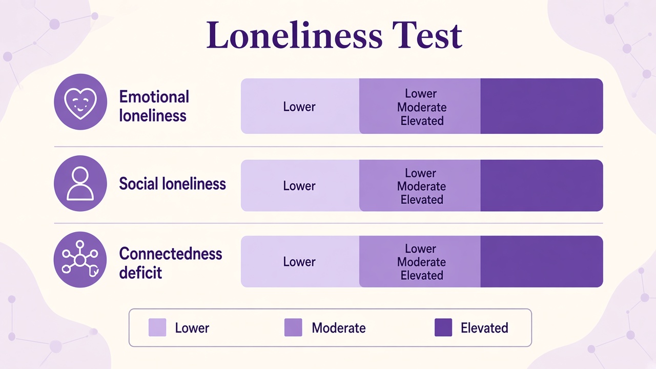 Loneliness screener diagram with emotional social and connectedness domain bars for The Quiz Hub results