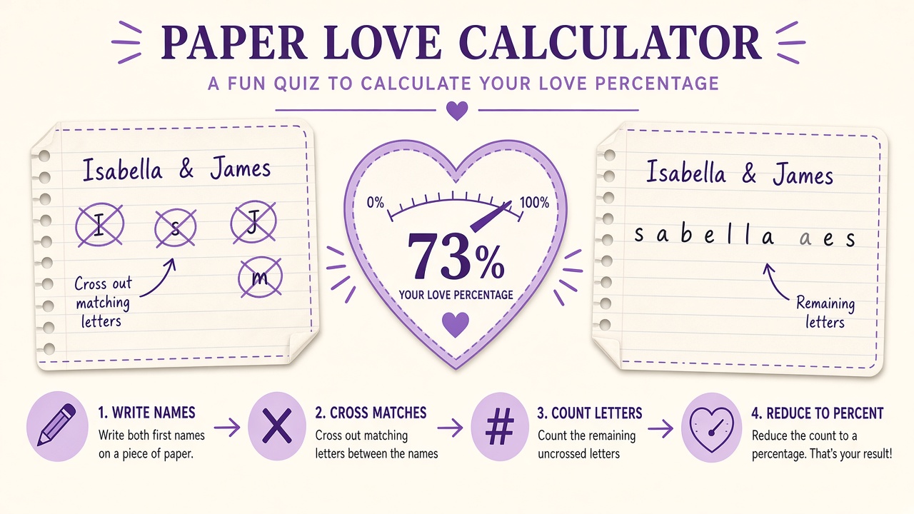 Paper love calculator diagram showing two names, crossed matching letters, and a heart percentage gauge