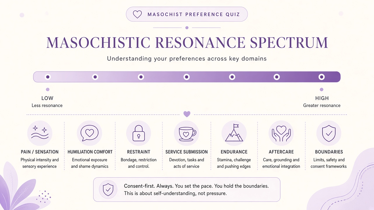 Masochist test diagram with masochistic resonance spectrum and seven consent-first domain bars on The Quiz Hub