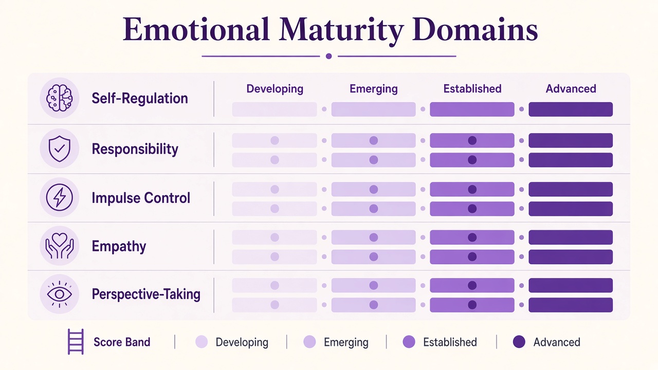 Emotional maturity diagram showing five domains and four score bands from Developing to Advanced