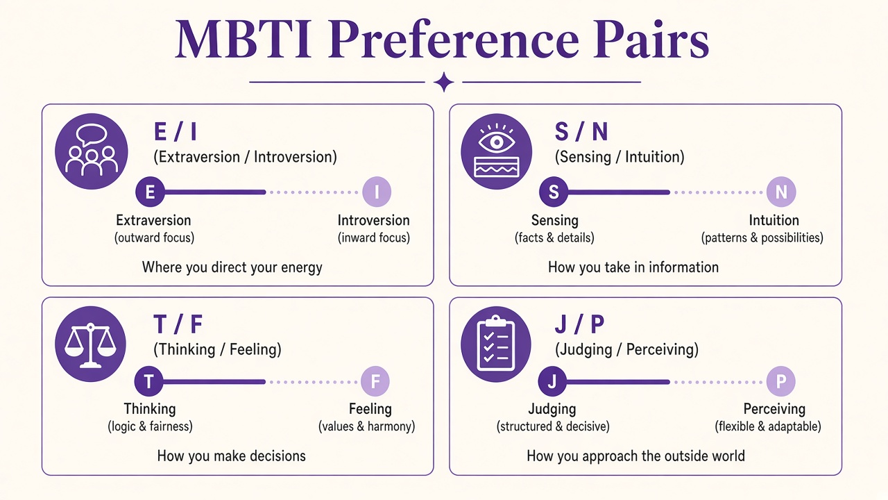 Diagram showing E/I, S/N, T/F, and J/P as four MBTI preference pairs