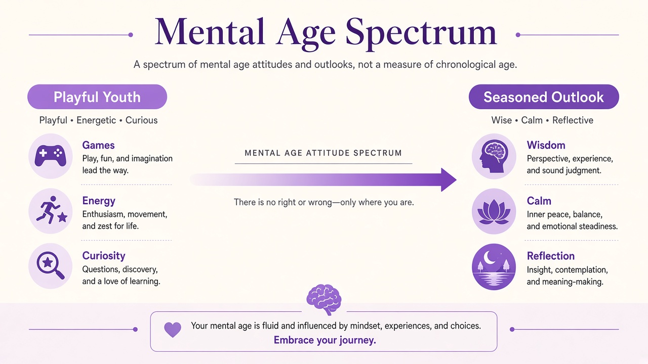 Mental age lifestyle spectrum diagram showing attitude dimensions from playful youth to seasoned outlook