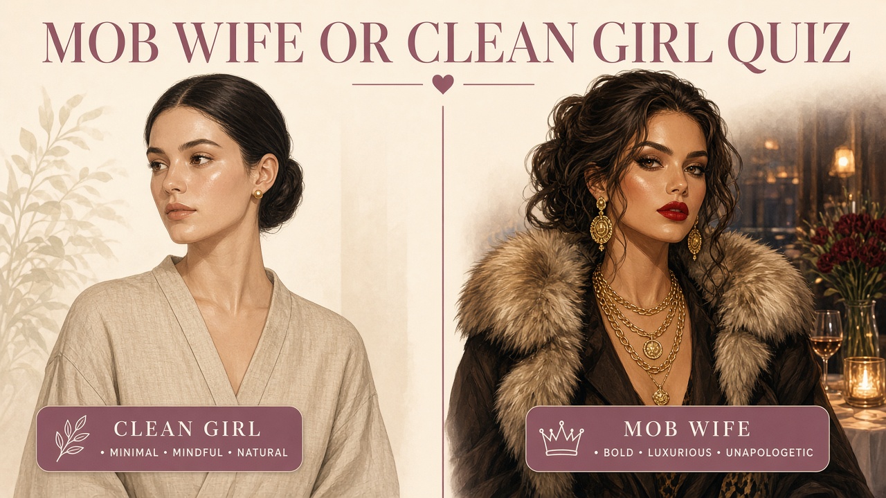 Mob wife or clean girl quiz sample report with split-screen clean girl and mob wife aesthetic spectrum on The Quiz Hub